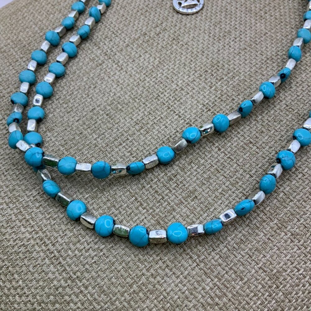 Crown Trifari Double Strand Choker Silver Tone Bead Faux Turquoise Necklace